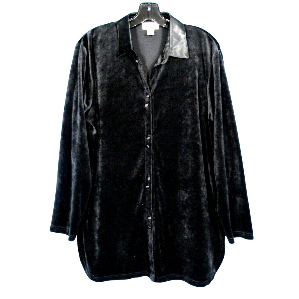FRAZIER LAWRENCE Black VELVET BLOUSE Button-Up SATIN COLLAR Blouse/Tunic Top M